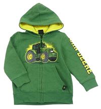 Tmavozelená propínací mikina s traktorem a nápisem a kapucí John Deere