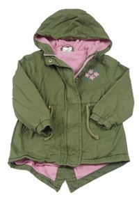Khaki plátenná jesenná parka s kvetmi a kapucňou