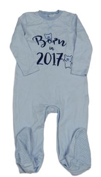 Světlemodro-biely pruhovaný overal s nápisom a medvedíkmi F&F