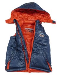 Tmavomodrá prešívaná šušťáková zateplená obojstranná vesta s číslom a odopínacíá kapucňou ORCHESTRA