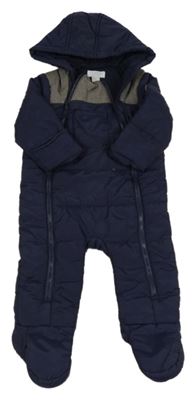 Tmavomodrá prešívaná šušťáková zimná kombinéza s vreckom a nášivkou a kapucňou PRIMARK