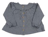 Tmavomodro-biela kockovaná oversize blúzka s volánikmi George