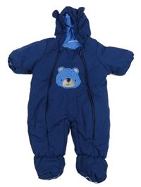 Tmavomodrá šušťáková zimná kombinéza s medvedíkom a kapucňou s uškami Ergee