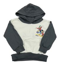 Nové - bílo-tmavošedá mikina s Mickey s kamarády a kapsou a kapucí Disney