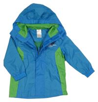 Modro-zelená šušťáková jarná bunda s nápismi a ukrývací kapucňou