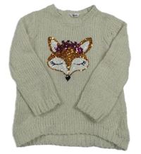 Smetano-strieborný melírovaný sveter s liškou z flitrů M&Co