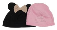 2x - Čepice - Černá s mašlí a oušky - Minnie H&M, růžová s nápisy cooclub