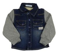 Tmavomodro-šedá riflovo/tepláková bundomikina s nášivkou