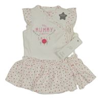 Nové - biele prepínaci šaty s nápismi a kvietkami a volánikmi a všitým body F&F