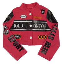 Tmavorůžovo-černé flaušovo/koženkové bolérko s nápisy 