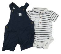 2Set - Tmavomodré plátěné laclové kraťasy s nášivkou + bílo/tmavomodré pruhované body s límečkem F&F