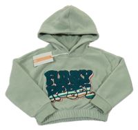 Nové - světlekhaki fleecová oversize crop mikina s nápismi a kapucňou PEBBLESTONE