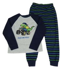 Světlešedo/melírovano-tmavomodro-pruhované fleecové pyžamo s dinosaurem a monster truckem PRIMARK