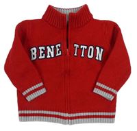 Červený vlnený prepínaci sveter s logom a sivymi pruhmi Benetton