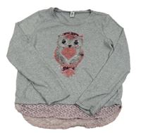 Sivé melírované úpletové tričko so sovou z překlápěcích flitrů zn. Yigga