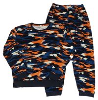 Tmavomodro-béžovo-oranžové army plyšové pyžamo M&S