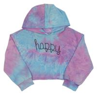 Tmavorůžovo-modrá batikovaná crop mikina s nápisom a kapucňou Shein