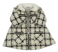 Bílo-černo-zlaté kostkovaný podšitý kabát s kožešinou