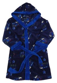 Tmavomodrý chlpatý župan s vlaky a kapucňou NKD