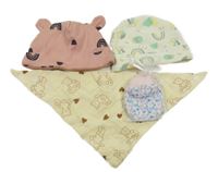 4set - Starorůžová bavlněná čepice s duhami + krémová s obrazci + béžový slinták s medvědy + bílé květované rukavičky