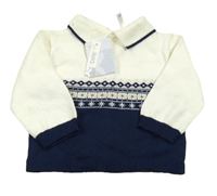 Nové - Bílo-tmavomodrý vlněný svetr se vzorem a límečkem