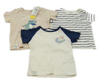 Nové - 3x tričko - béžové s dinosaurem + bílo-tmavomodré pruhované + smetanovo-tmavomodré s dinosaurom M&S