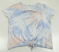 Bílo-světlemodré batikované tričko s nápisem a uzlem H&M