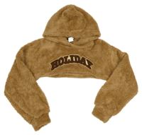 Hnedá chlpatá crop mikina s nápisom a kapucňou SHEIN