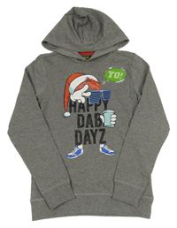 Sivá melírovaná mikina s potlačou a kapucňou