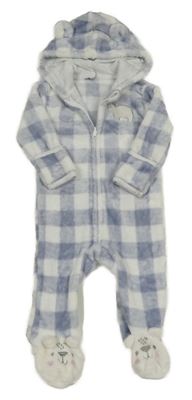 Bílo-modrá kostkovaná plyšová kombinéza s kapucí 