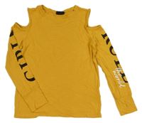 Okrové triko s volnými rameny a nápisem Page one young