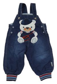 Modré plátěné laclové kalhoty riflového vzhledu s medvědem 