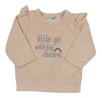 Světlerůžové žebrované sametové triko s nápisem a volánky Ergee