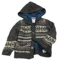 Tmavošedo-béžový vzorovaný podšitý propínací svetr s kapucí 