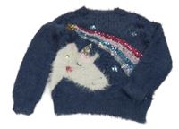 Tmavomodrý chlpatý sveter s jednorožcom a flitrami F&F