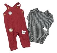 Nové - Šedo-antracitové pruhované body + vínové žebrované laclové tepláky se zvířátky Mothercare