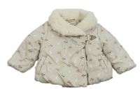 Smotanová šušťáková kvetovaná zimná bunda s králíčky a kožušinovým golierom John Lewis