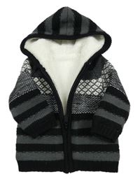 Černo-šedo-bílý pruhovaný propínací zateplený svetr s kapucí Nutmeg