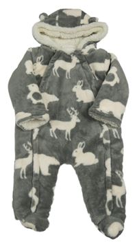 Sivo-biela plyšová zateplená kombinéza so zvieratkami a kapucňou Lily & Jack