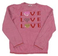 Ružový chlpatý sveter s nápismi a srdiečkami M&Co.