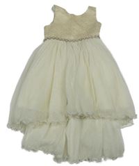 Smetanové slavnostní šaty s leopardím vzorem a tylovou sukní a kamínky 