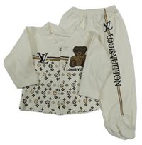2set - Smetanovo-hnedá vzorovaná prepínaci mikina s medvídkem + polodupky s nápisem Louis Vuitton