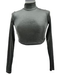 Dámské šedé sametové crop triko se stojáčkem 