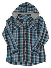 Černo-modro-bílá kostkovaná košile s kapucí 