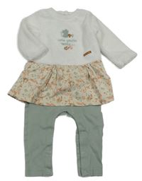 Bílo-béžovo-khaki chlupato/bavlněný overal s myškou a nápisem