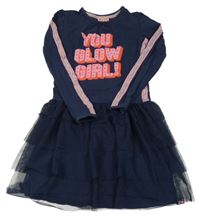 Tmavomodré bavlněno/tylové šaty s nápisem 