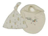 2set- biela čapica s obrázky+ smotanový podbradník s králikom