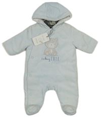 Nové - Světlemodrá sametová zateplená kombinéza s medvědem a kapucí Mothercare