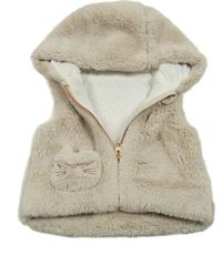 Béžová kožušinová podšitá vesta s mačkou a kapucňou Nutmeg