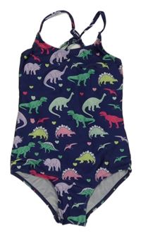Tmavomodré jednodílné plavky s barevnými dinosaury